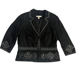JM Collection Petite 3/4 Sleeve 100% Linen Black Beaded Blazer Jacket Size 10 P